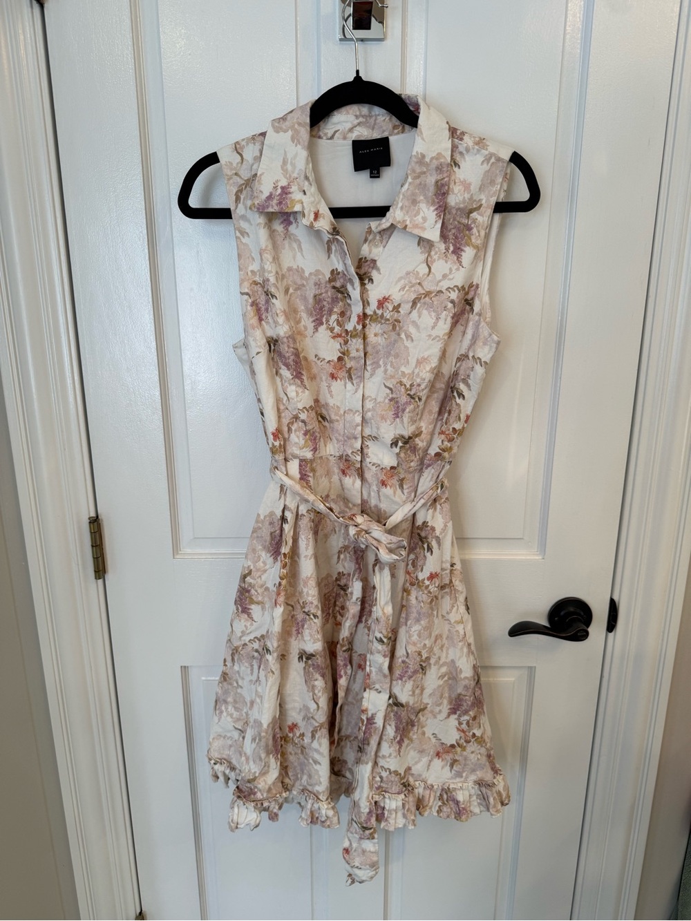 Alex Marie Sleeveless Floral Shirtdress with Tie Waist - Cream/Pink